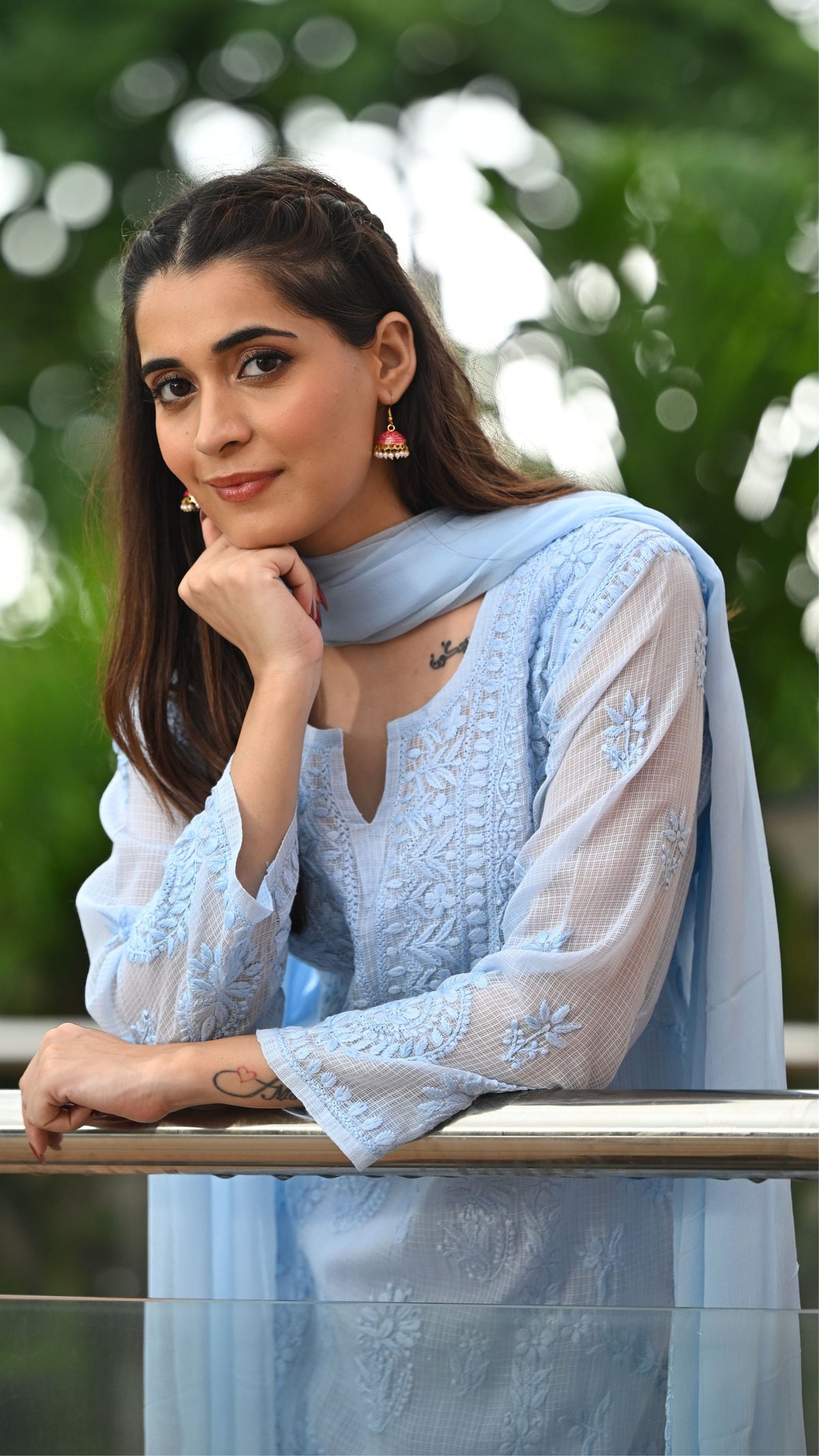 Amara Pure Kota Doria Chikankari Kurta & Kurta Sets - Powder Blue