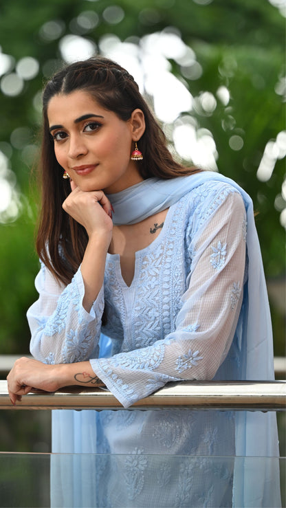 Amara Pure Kota Doria Chikankari Kurta & Kurta Sets - Powder Blue