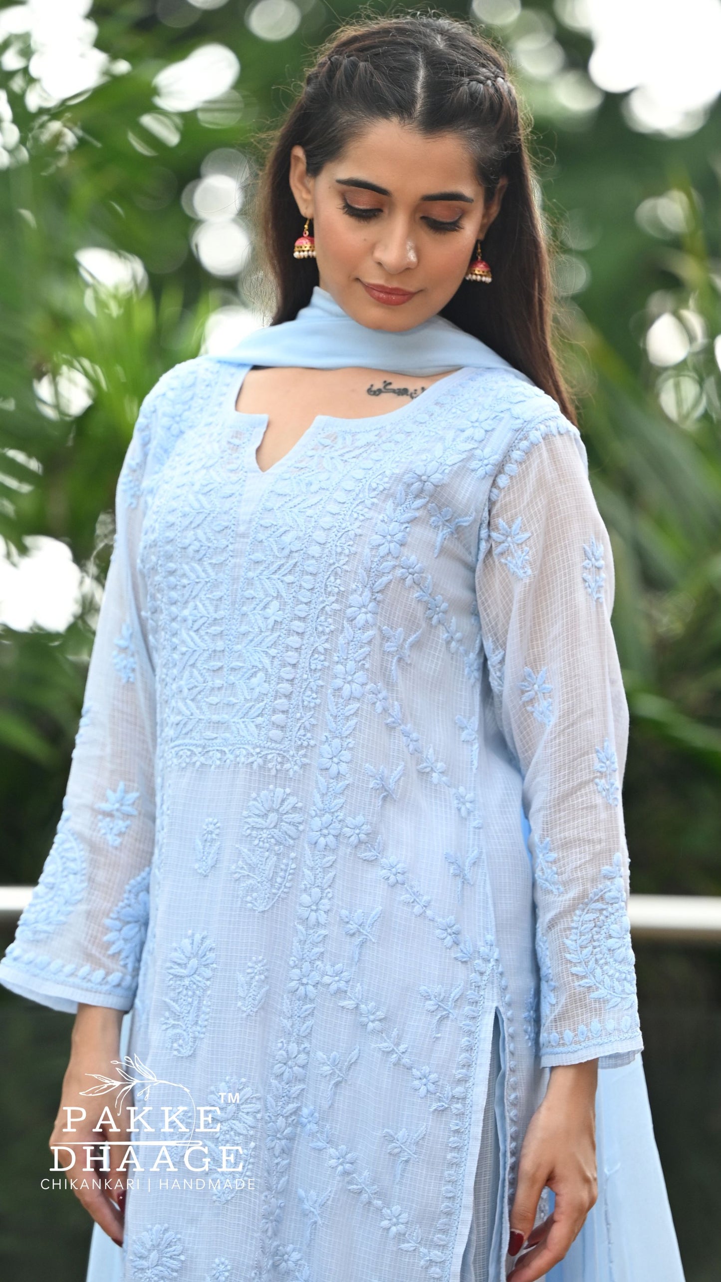 Amara Pure Kota Doria Chikankari Kurta & Kurta Sets - Powder Blue