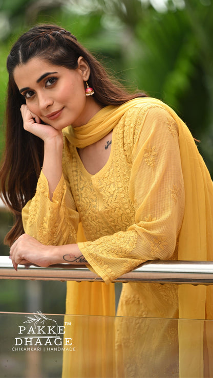 Amara Pure Kota Doria Chikankari Kurta & Kurta Sets - Sunbeam Yellow