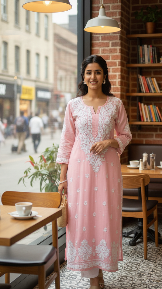 Ayesha Chikankari Pure Modal Kurtis Pastel Pink