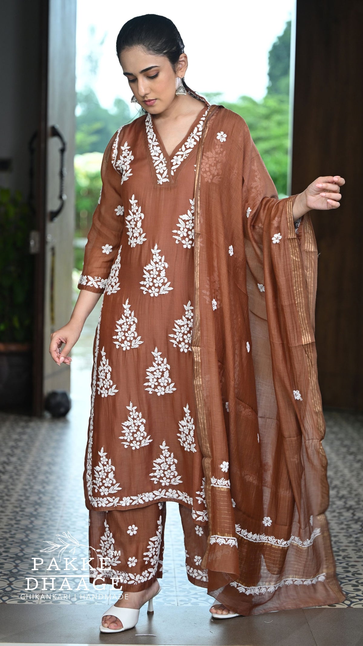 Alizeh Pure Chanderi 4-pc Chikankari Sets Cambridge Brown