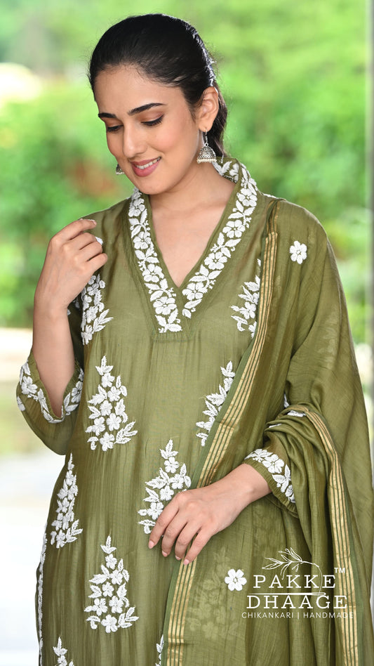 Alizeh Pure Chanderi 4-pc Chikankari Sets Olive Green