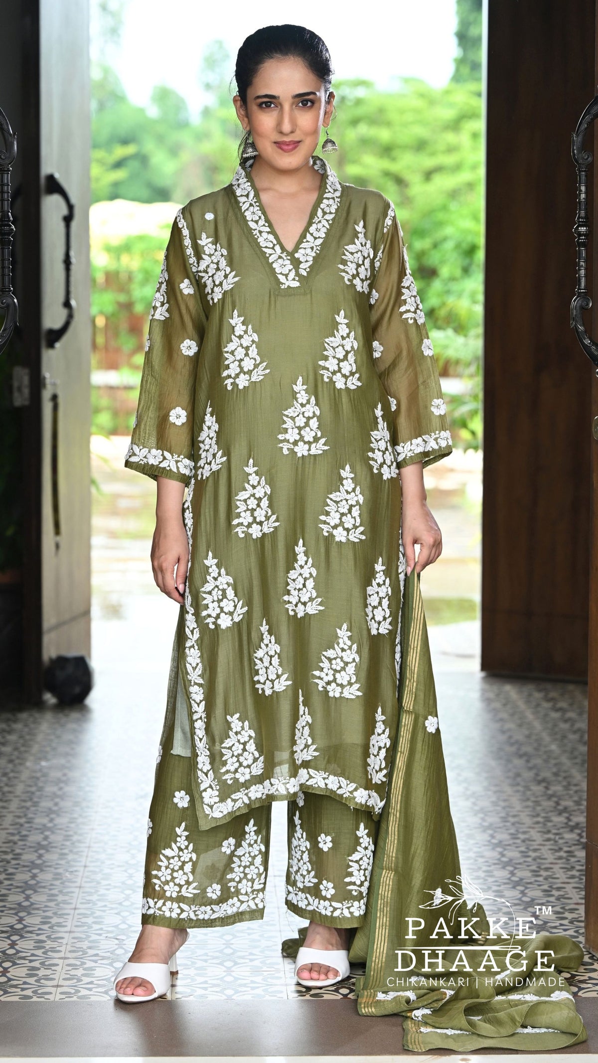 Alizeh Pure Chanderi 4-pc Chikankari Sets Olive Green