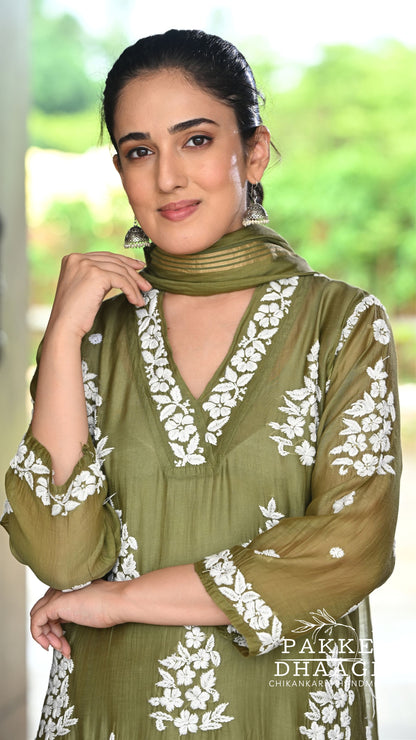 Alizeh Pure Chanderi 4-pc Chikankari Sets Olive Green