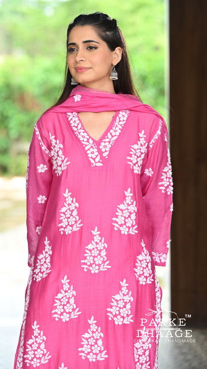 Alizeh Pure Chanderi 4-pc Chikankari Sets Pink