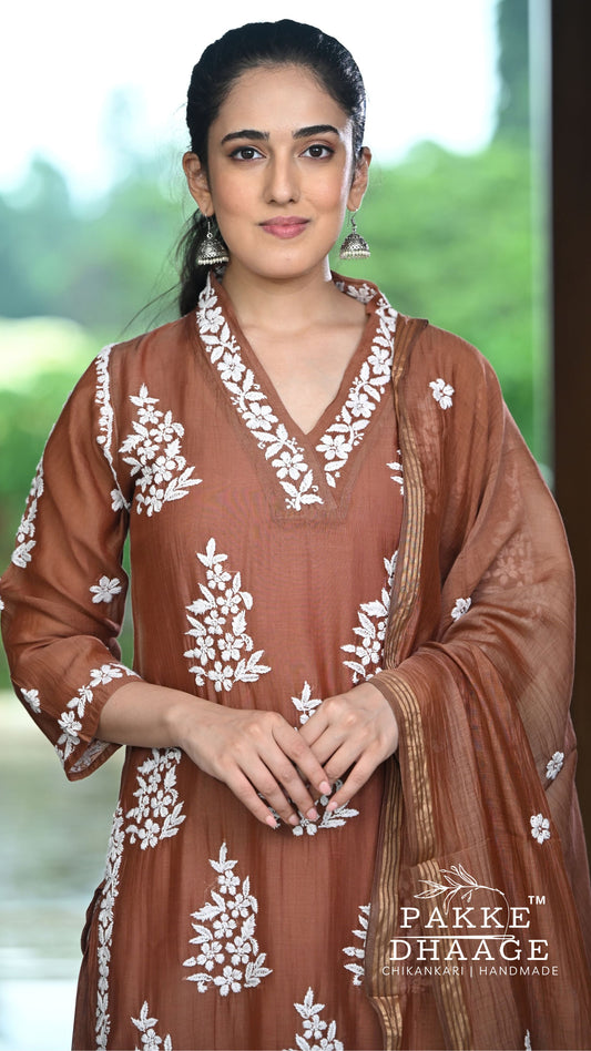 Alizeh Pure Chanderi 4-pc Chikankari Sets Cambridge Brown