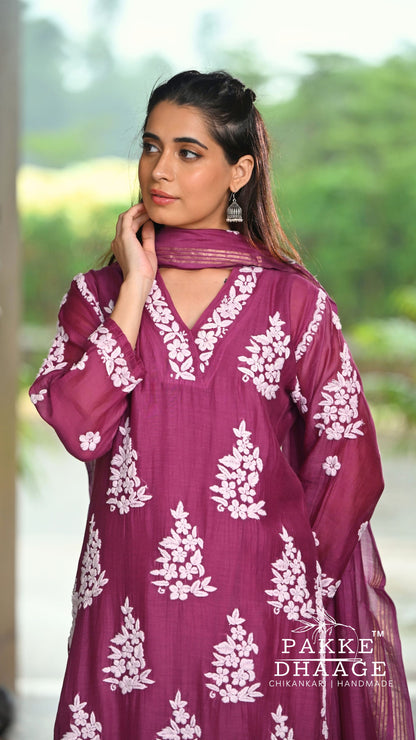 Alizeh Pure Chanderi 4-pc Chikankari Sets Berry Wine