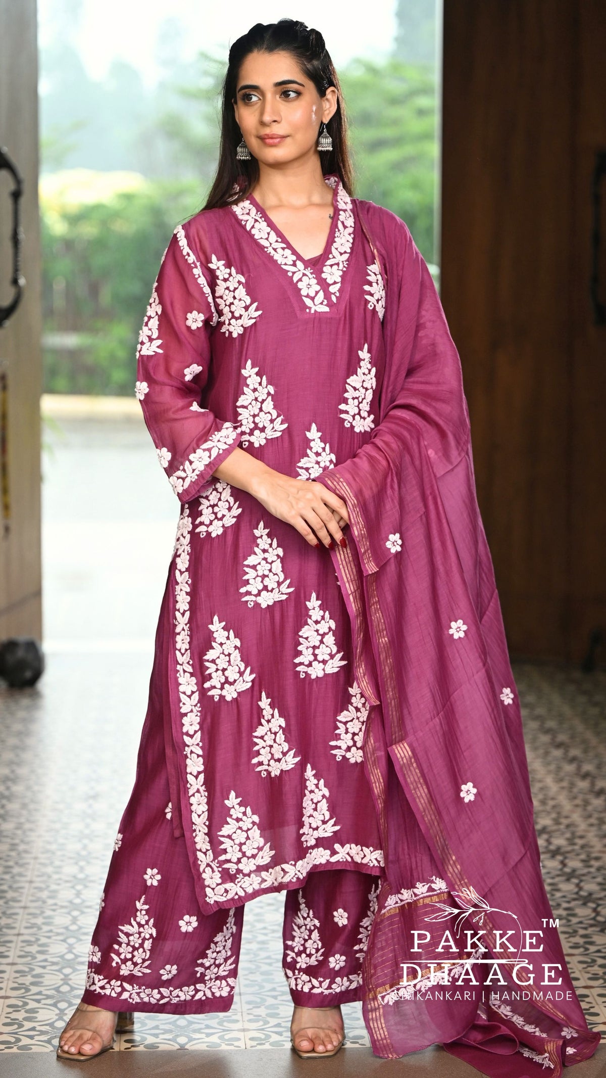 Alizeh Pure Chanderi 4-pc Chikankari Sets Berry Wine