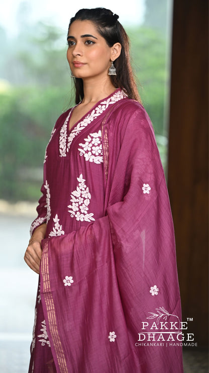 Alizeh Pure Chanderi 4-pc Chikankari Sets Berry Wine