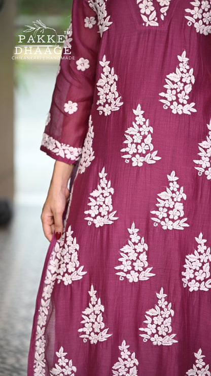 Alizeh Pure Chanderi 4-pc Chikankari Sets Berry Wine