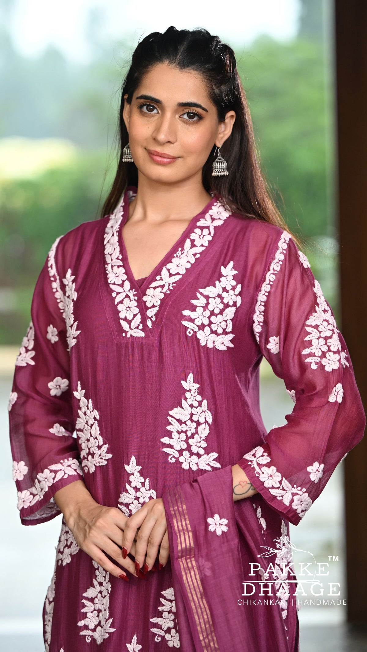 Alizeh Pure Chanderi 4-pc Chikankari Sets Berry Wine