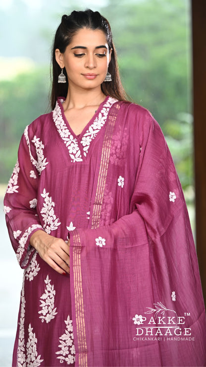 Alizeh Pure Chanderi 4-pc Chikankari Sets Berry Wine