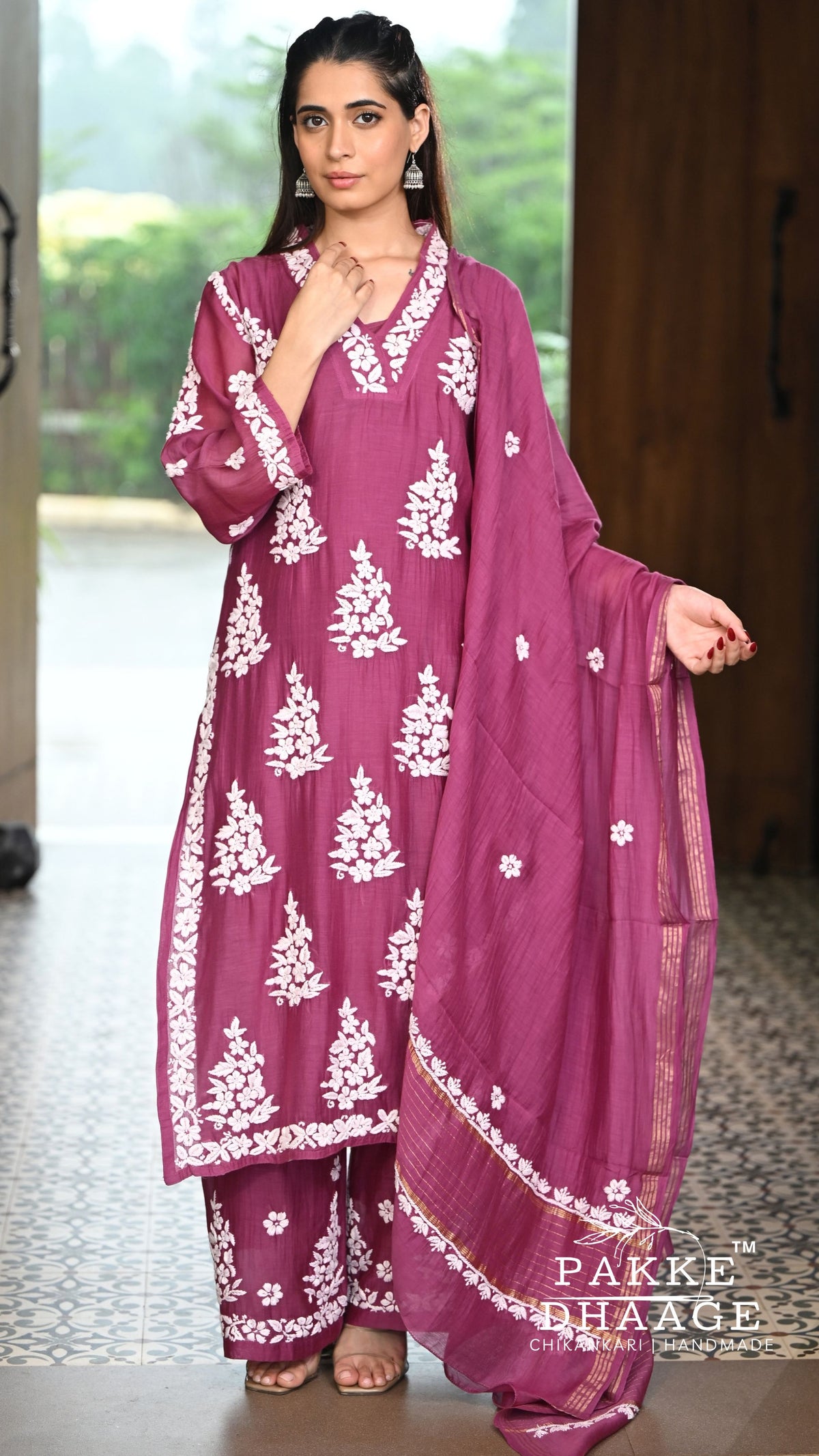 Alizeh Pure Chanderi 4-pc Chikankari Sets Berry Wine