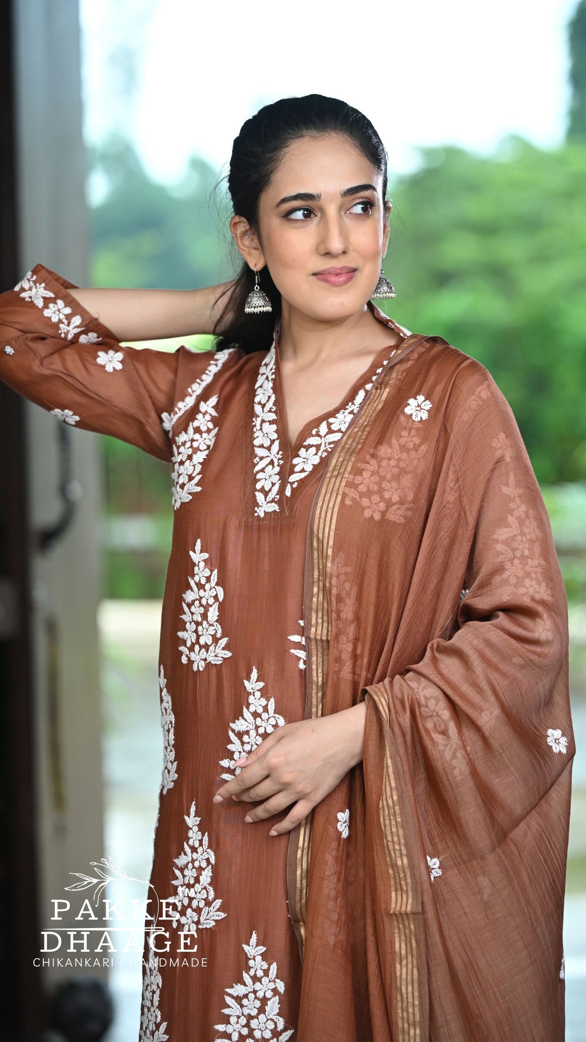Alizeh Pure Chanderi 4-pc Chikankari Sets Cambridge Brown