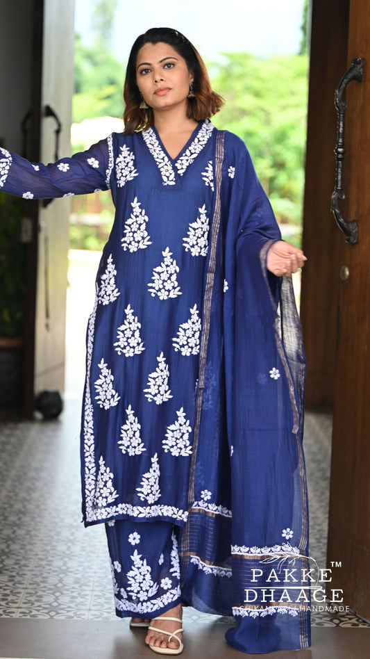 Alizeh Pure Chanderi 4-pc Chikankari Sets - Royal Indigo
