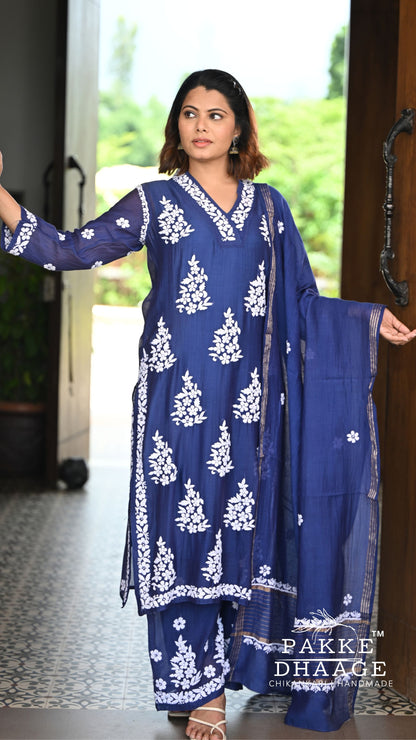 Alizeh Pure Chanderi 4-pc Chikankari Sets - Royal Indigo