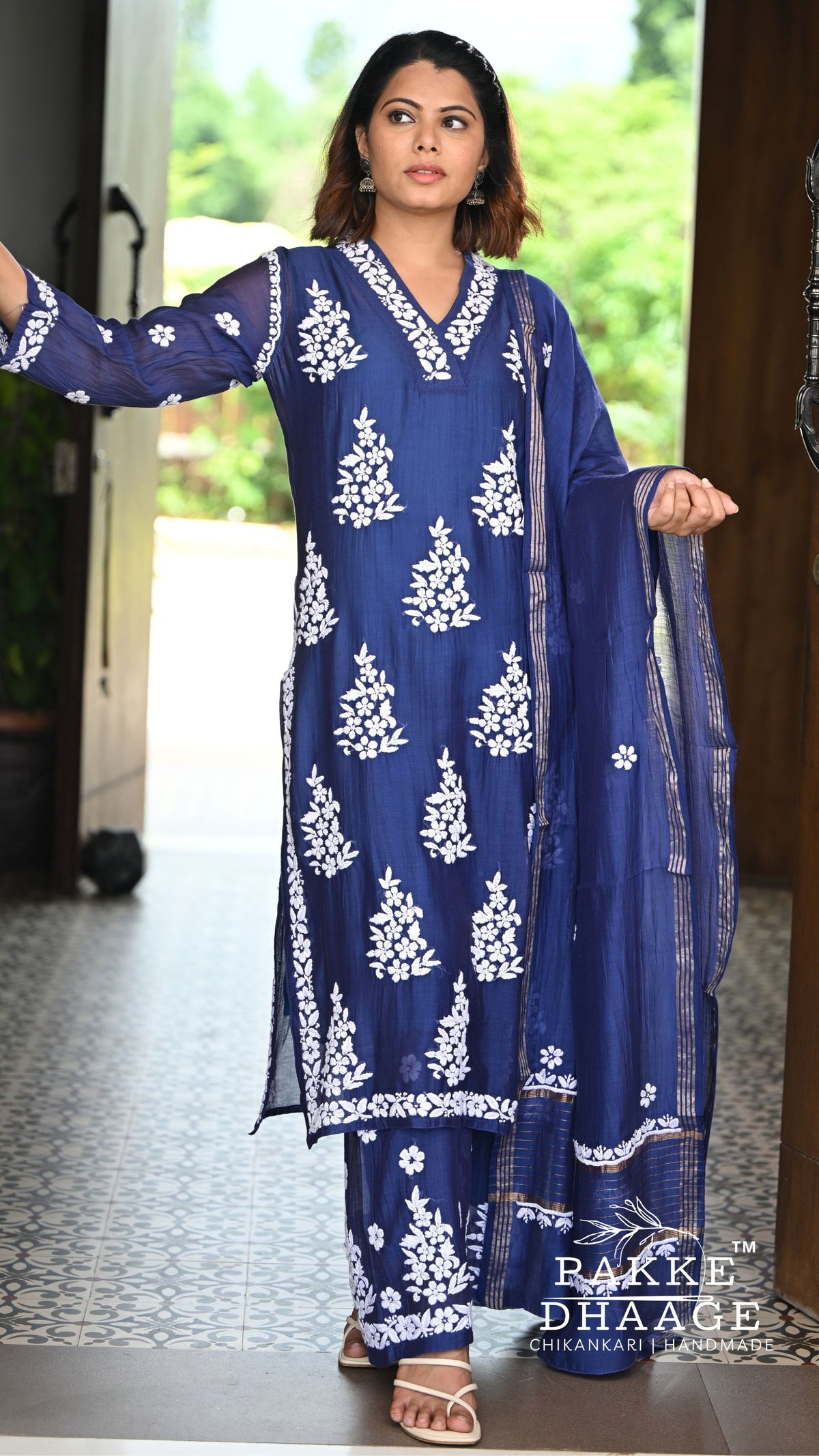 Alizeh Pure Chanderi 4-pc Chikankari Sets - Royal Indigo