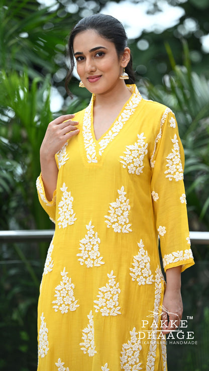 Alizeh Pure Chanderi 4-pc Chikankari Sets Haldi Yellow