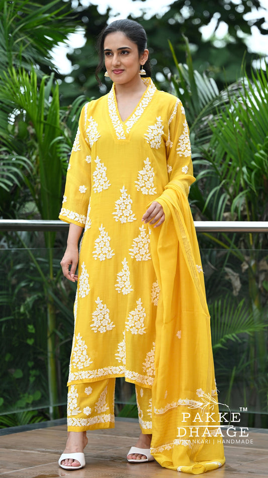 Alizeh Pure Chanderi 4-pc Chikankari Sets Haldi Yellow