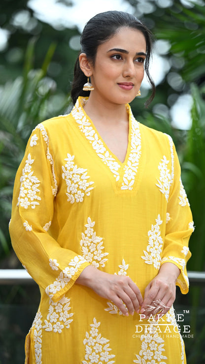 Alizeh Pure Chanderi 4-pc Chikankari Sets Haldi Yellow
