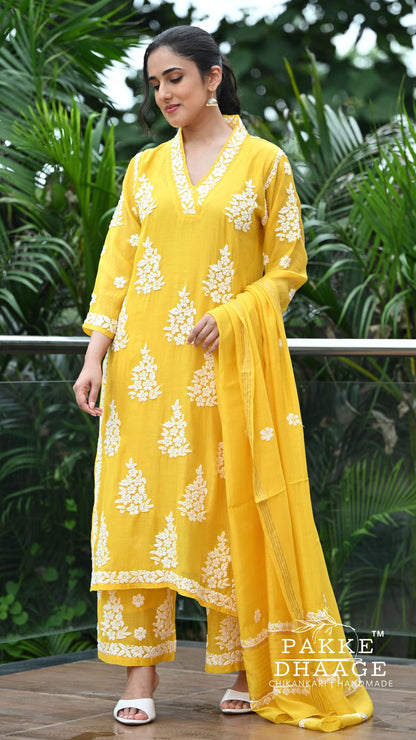 Alizeh Pure Chanderi 4-pc Chikankari Sets Haldi Yellow