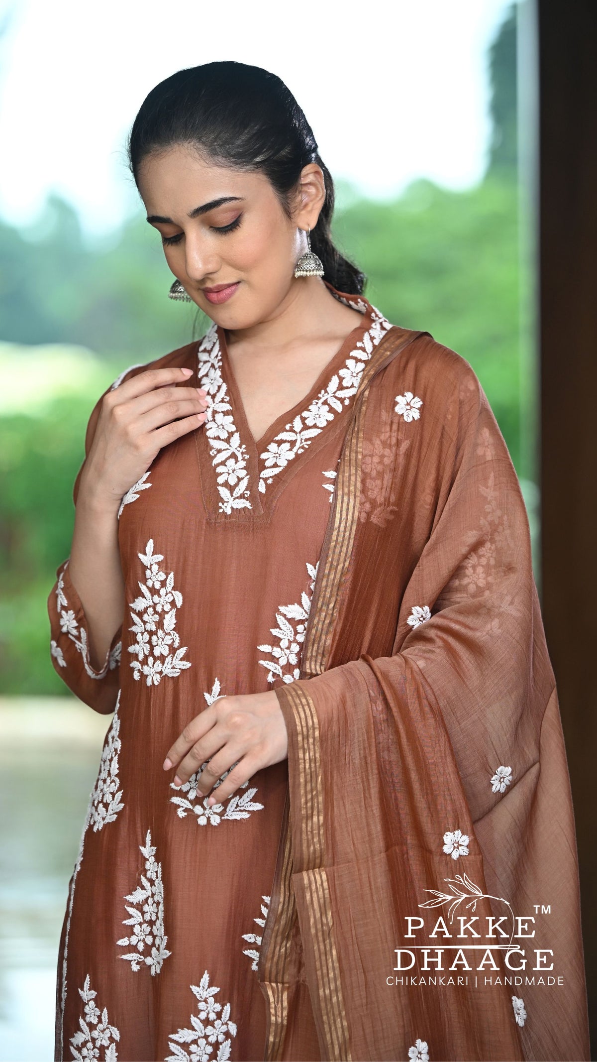 Alizeh Pure Chanderi 4-pc Chikankari Sets Cambridge Brown
