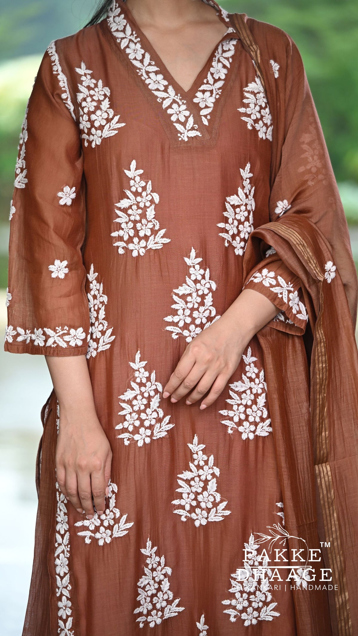 Alizeh Pure Chanderi 4-pc Chikankari Sets Cambridge Brown