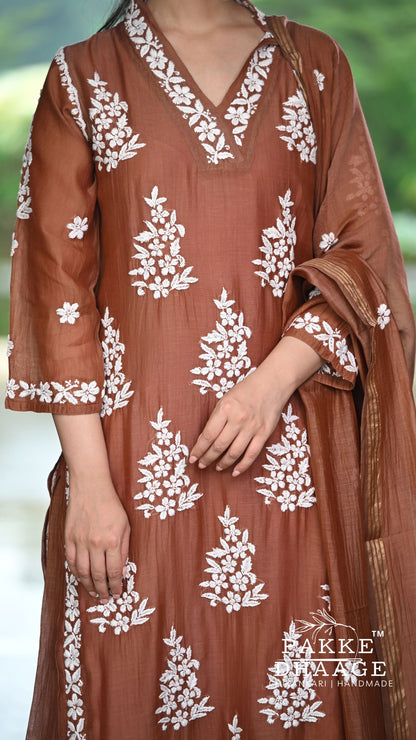 Alizeh Pure Chanderi 4-pc Chikankari Sets Cambridge Brown
