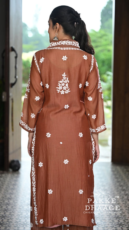 Alizeh Pure Chanderi 4-pc Chikankari Sets Cambridge Brown
