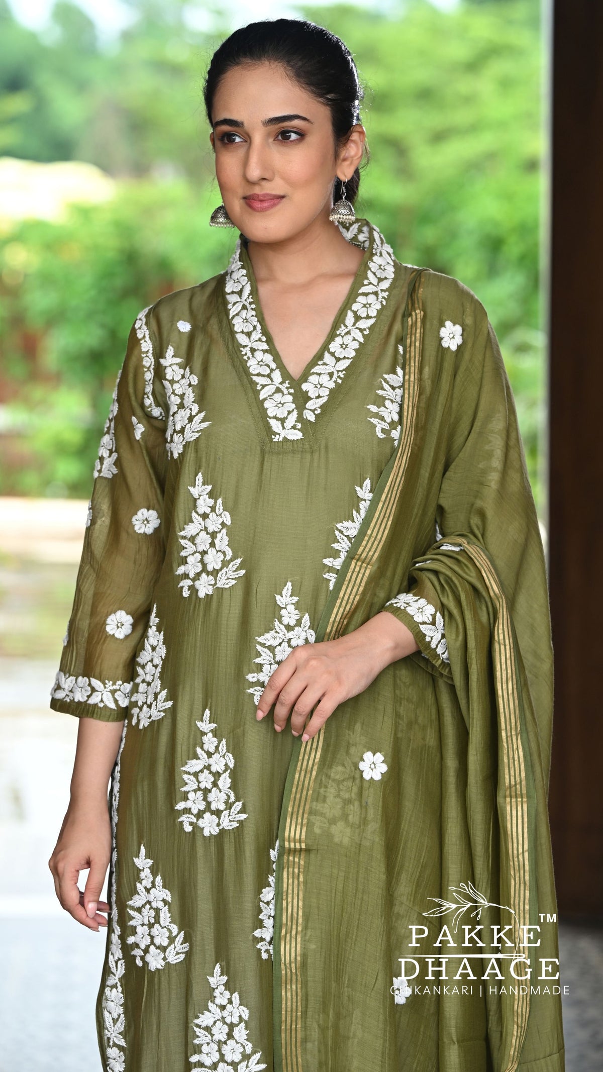 Alizeh Pure Chanderi 4-pc Chikankari Sets Olive Green