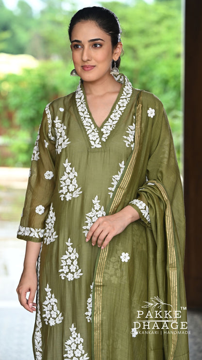 Alizeh Pure Chanderi 4-pc Chikankari Sets Olive Green