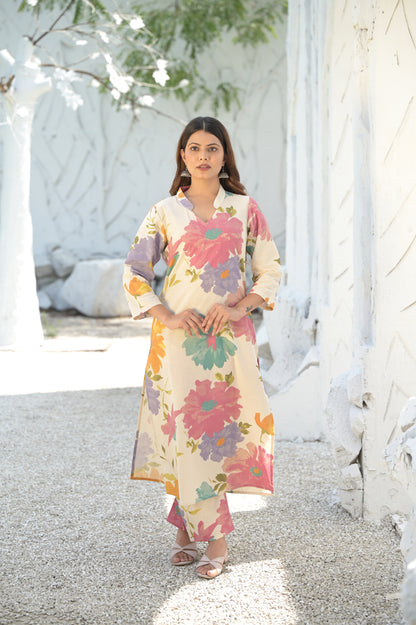 Ivory Floral Blast Cotton Flex Kurta Palazzo set