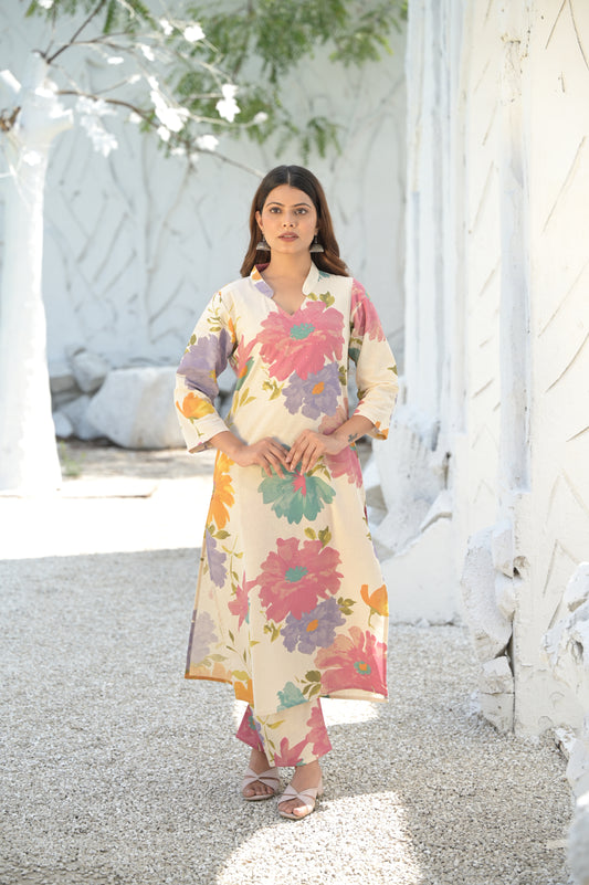 Ivory Floral Blast Cotton Flex Kurta Palazzo set