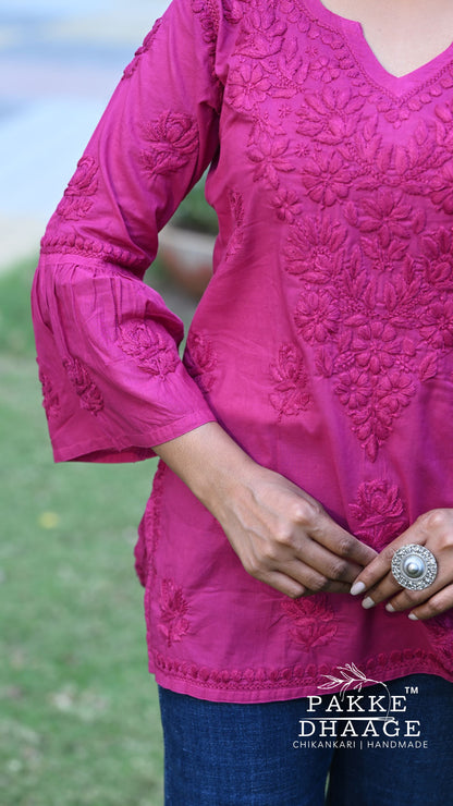 Gul Pure Cotton Chikankari Short Kurti - Raspberry Pink