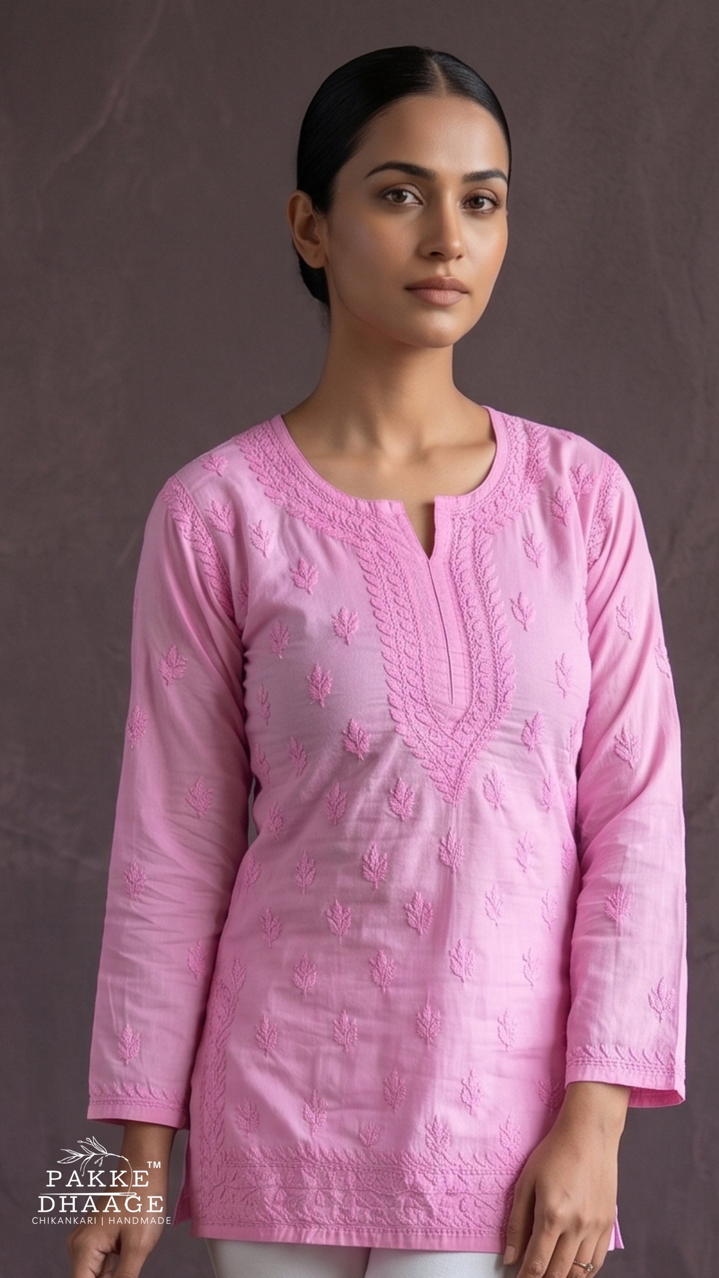 Ira Pure Cotton Chikankari Short Kurti - Classic Pink