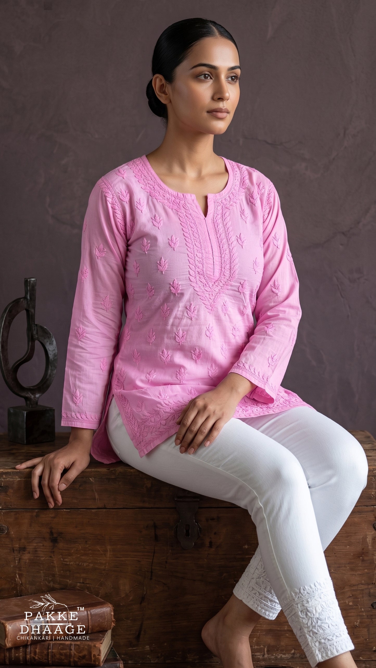 Ira Pure Cotton Chikankari Short Kurti - Classic Pink