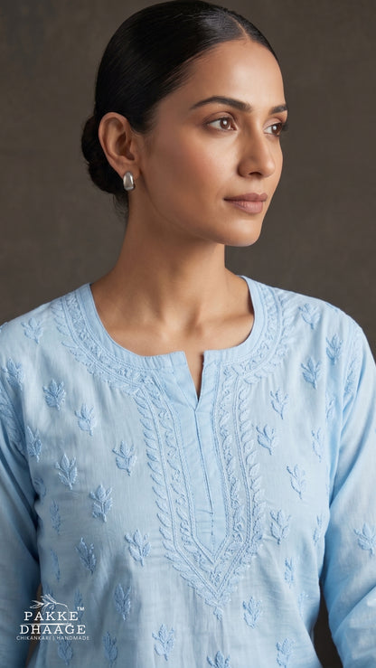 Ira Pure Cotton Chikankari Short Kurti - Powder Blue