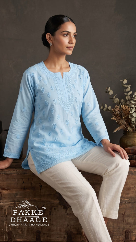 Ira Pure Cotton Chikankari Short Kurti - Powder Blue