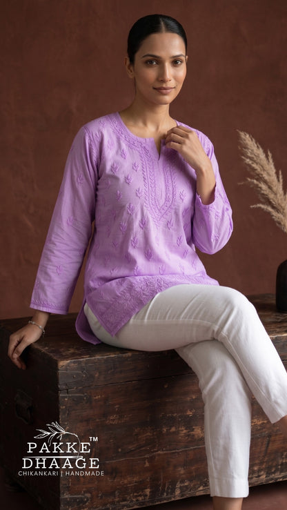 Ira Pure Cotton Chikankari Short Kurti - Lilac