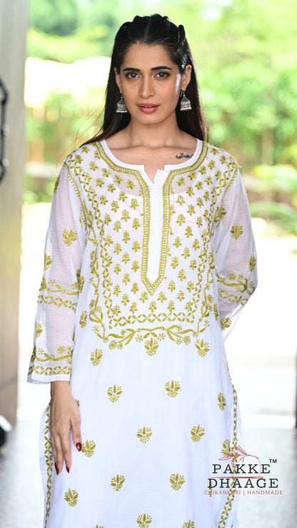 Alia Handcrafted Kota Doria Chikankari Kurta - Olive Green on White