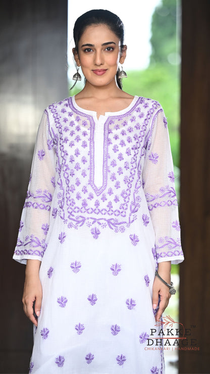 Alia Handcrafted Kota Doria Chikankari Kurta - Purple on White