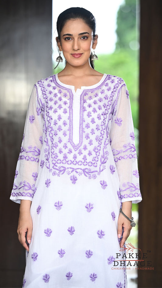 Alia Handcrafted Kota Doria Chikankari Kurta - Purple on White