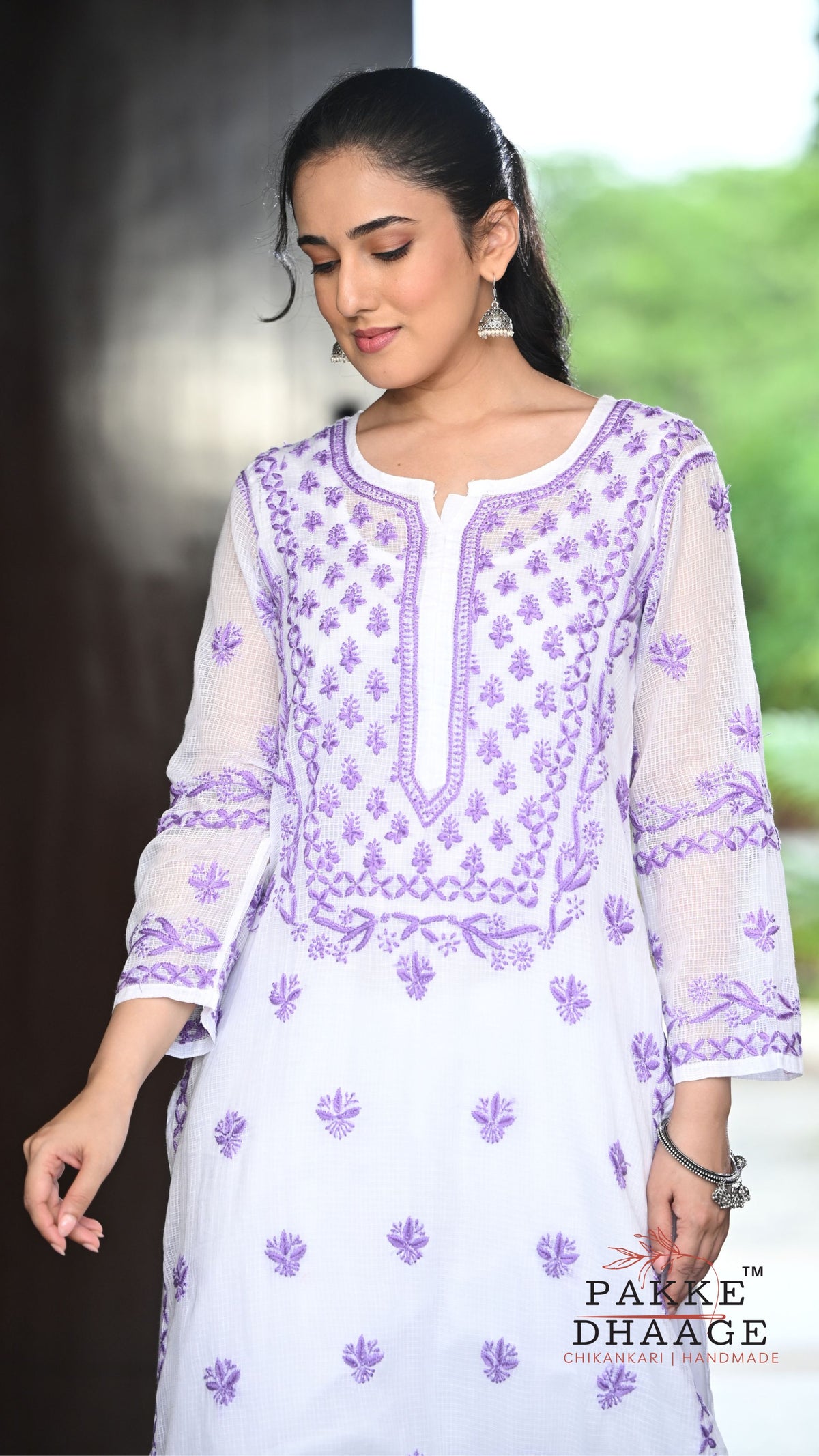 Alia Handcrafted Kota Doria Chikankari Kurta - Purple on White