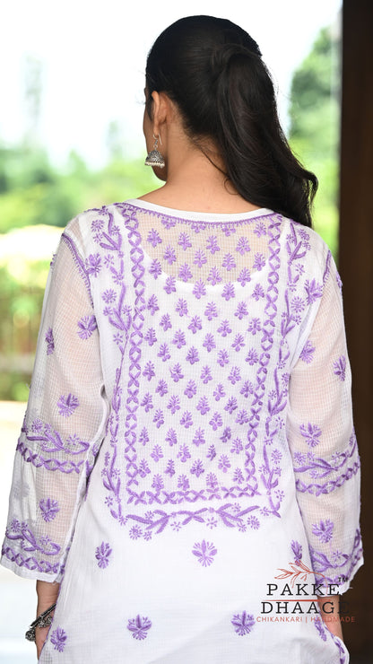 Alia Handcrafted Kota Doria Chikankari Kurta - Purple on White