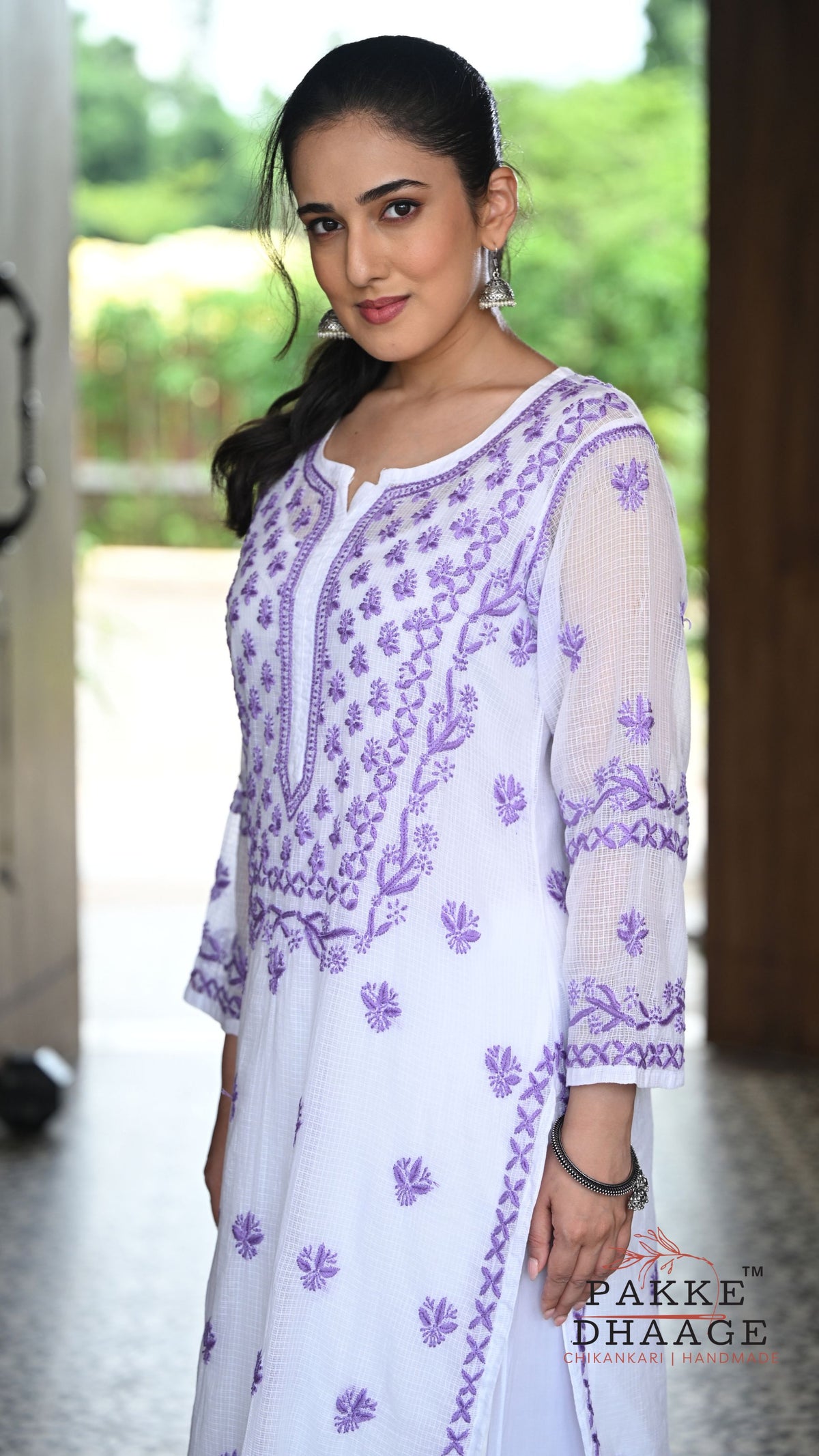 Alia Handcrafted Kota Doria Chikankari Kurta - Purple on White