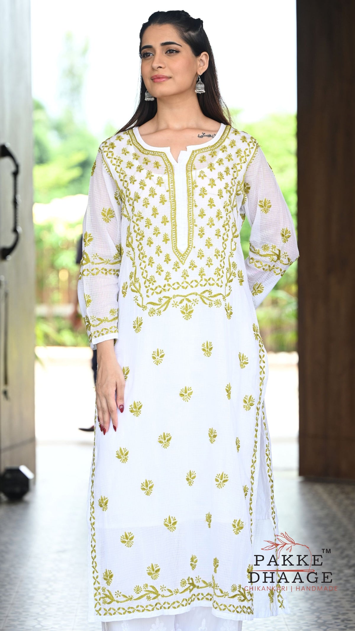 Alia Handcrafted Kota Doria Chikankari Kurta - Olive Green on White