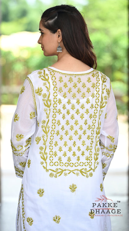 Alia Handcrafted Kota Doria Chikankari Kurta - Olive Green on White