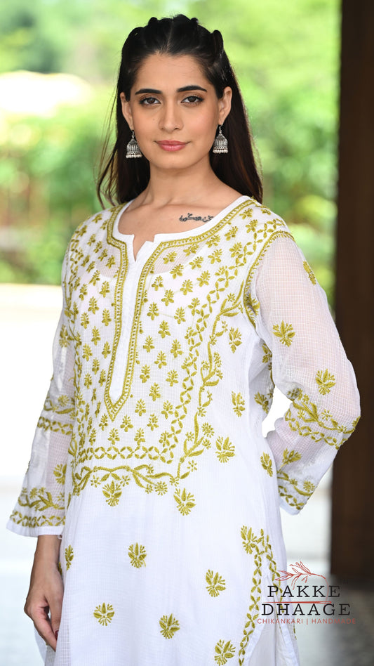 Alia Handcrafted Kota Doria Chikankari Kurta - Olive Green on White