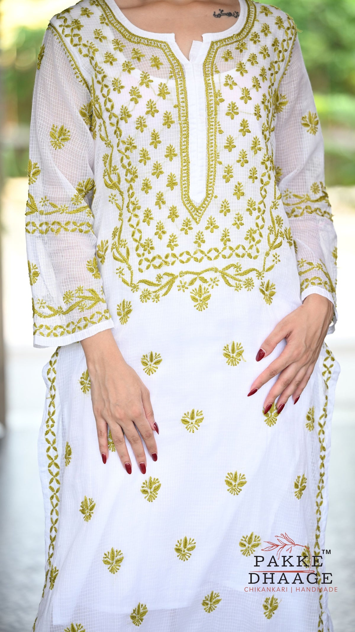 Alia Handcrafted Kota Doria Chikankari Kurta - Olive Green on White